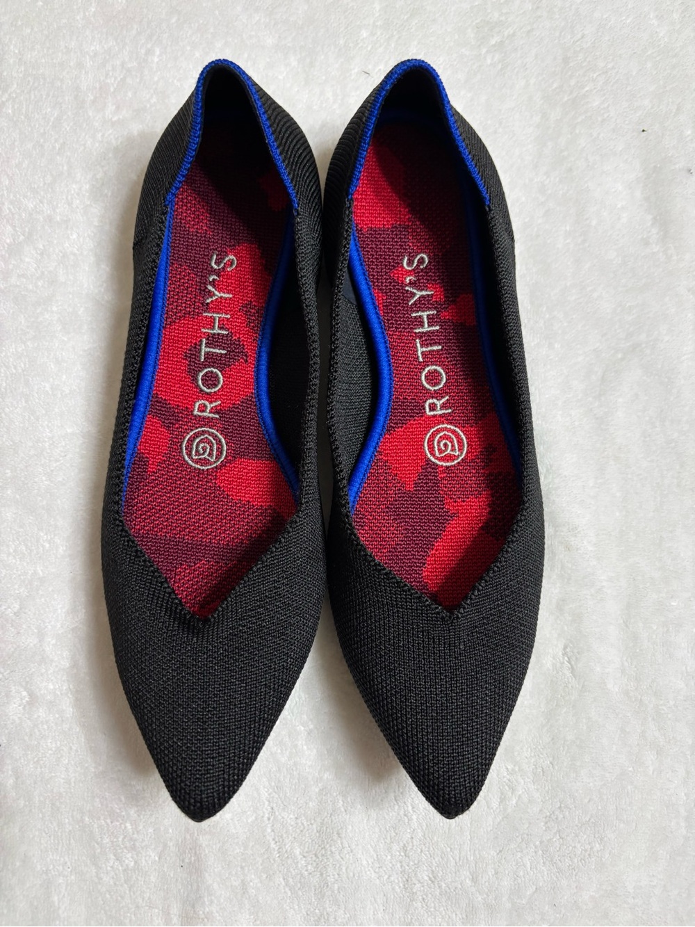 Rothy's Black Pointed Knit Ballet Flat with Red Insole